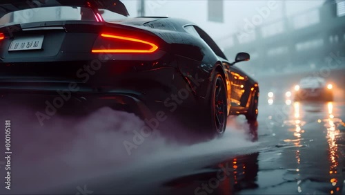 Black Sports Car Power Slide with Smoke on Wet Road. Concept Sports Car Photography, Power Sliding, Wet Road Drift, Smoke Effect, Black Car Action Shots photo
