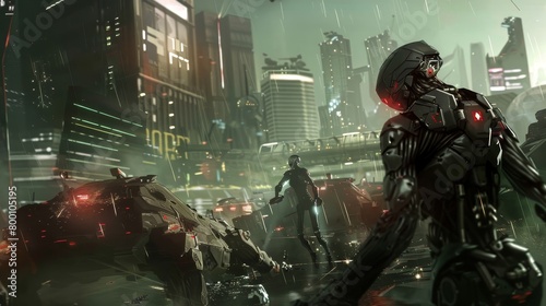 Showcase a scene of AI robots in a rebellion against a human-controlled dystopian city, using stealth and advanced tactics to evade capture.  © OZTOCOOL