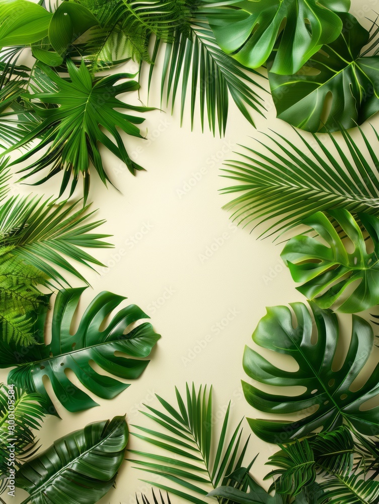 Green tropical, palm leaves, leaf branches on white background. flat lay, top view