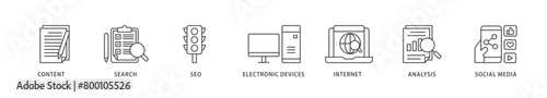Digital marketing icons set collection illustration of content, search, seo, electronic devices, internet, analysis and social media icon live stroke and easy to edit 