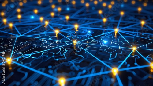 Blue circuit board with illuminated lights and yellow markings for enhanced visual appeal