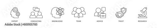 Expertise icons set collection illustration of expert, consulting, knowledge, team, advice, trust, and research icon live stroke and easy to edit 