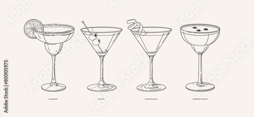 Margarita, Martini, Cosmopolitan, Espresso Martini. Set of popular alcoholic cocktails in linear style. Illustration for drinks cards, bar and wedding menus, cards and website graphics. © KOSIM