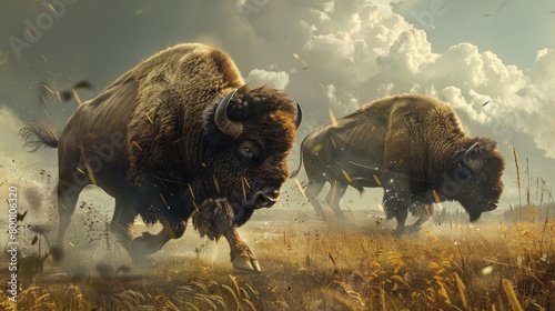 Two buffalo are fighting in a field
