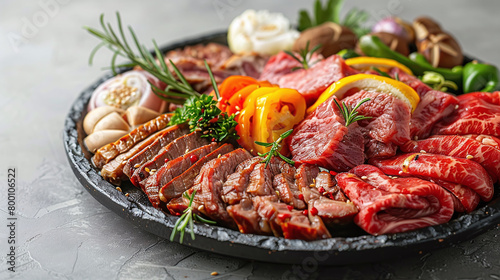 Yakiniku Beef Platter, Vibrant Vegetables, Textured Slate Background, Culinary Presentation