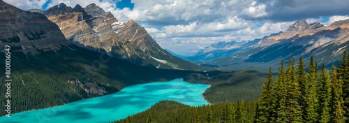 Sky Ballet: White Cumulus Clouds Dancing Over Bow Valley in Banff National Park, Canada - Featuring Peyto Lake's Turquoise Waters in Enchanting 4K image photo