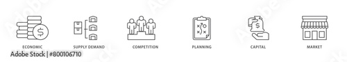 Market economy icons set collection illustration of economic, supply demand, competition, planning, capital, market icon live stroke and easy to edit 