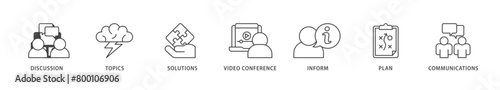 Meeting icons set collection illustration of communications, topics, solutions, plan, inform and video conference  icon live stroke and easy to edit 