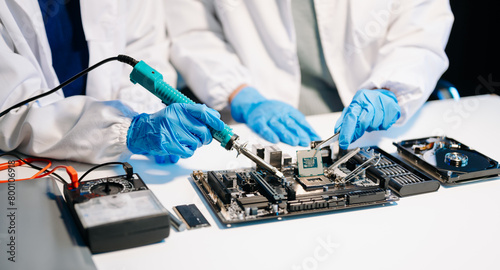The technician is putting the CPU on the socket of the computer motherboard. electronic engineering electronic repair, electronics measuring