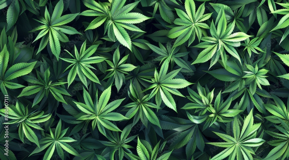 Lush green cannabis leaves pattern on a dark background, ideal for use in wellness and natural medicine Lush green cannabis leaves pattern on a dark background, ideal for use in wellness and natural medicine