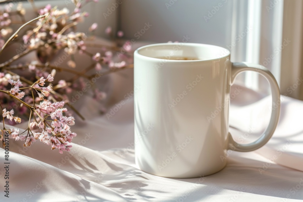 White Blank Mug Mockup in Photographic Scene created with Generative AI White Blank Mug Mockup in Photographic Scene created with Generative AI