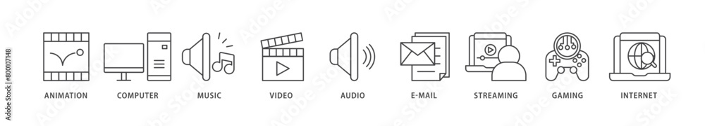 Multimedia icons set collection illustration of e mail, video, audio, internet, streaming, gaming, music, computer, animation icon live stroke and easy to edit 