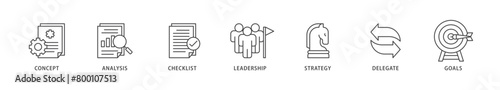 Planning icons set collection illustration of concept, analysis, checklist, leadership, strategy, delegate and goals icon live stroke and easy to edit 