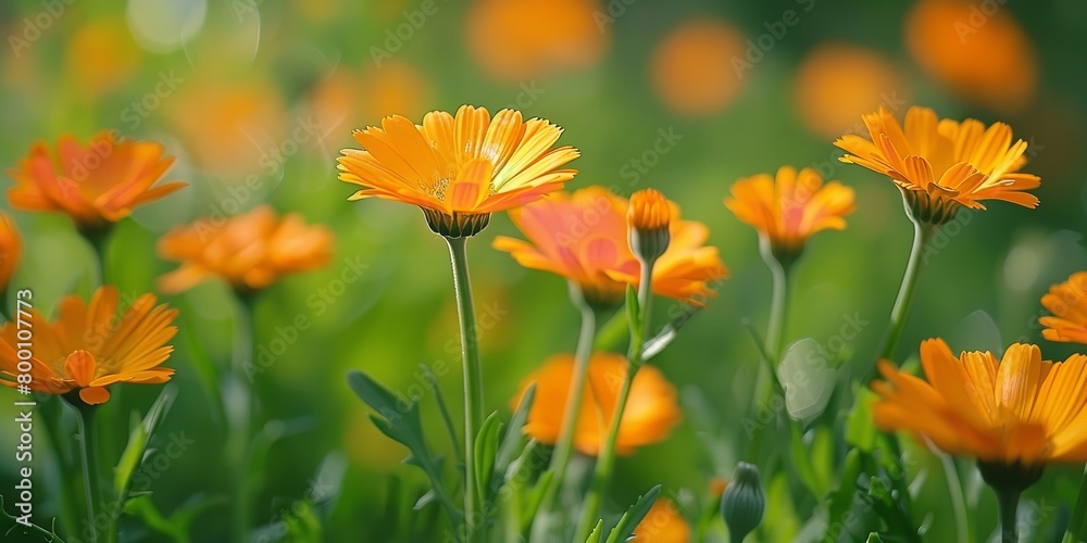 A Beautiful orange color calendula flowers among nature with a big space for text or product background, Generative AI.