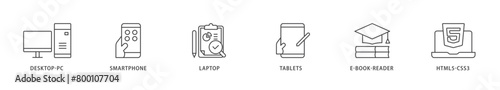 Responsive web design icons set collection illustration of tablets, html5 css3, e book reader, laptop, smart phone, desktop pc icon live stroke and easy to edit 
