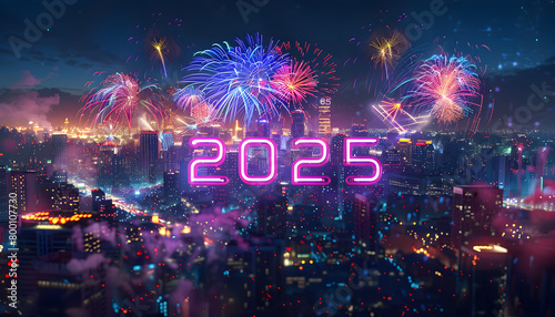 A fireworks display with the number 2025 written in red. The fireworks are set off in the background of a city skyline. Generative AI