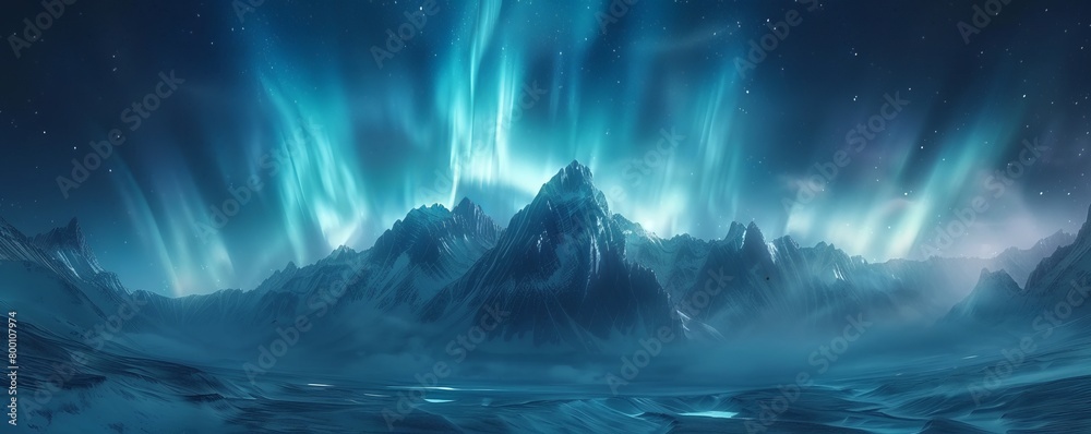 Naklejka premium Blue Aurora Borealis over Rocky Mountains. Magical Northern Lights Background with copy-space.