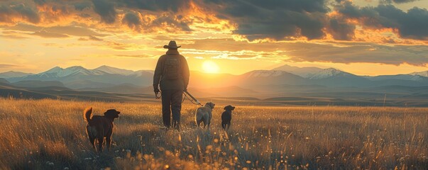 Man upland bird hunting with his dogs in the plains of northeastern Montana.
