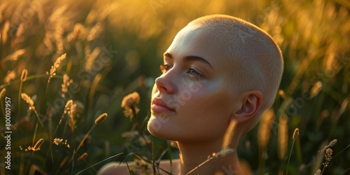 eautiful young bald contemplative woman in the meadow with fresh green grass photo