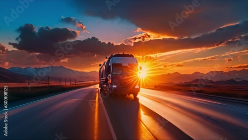 Sunset Ride: Tanker Truck's Highway Journey. Concept Truck Industry Innovation, Logistics and Transportation, Fuel Delivery Efficiency, Highway Safety Measures photo