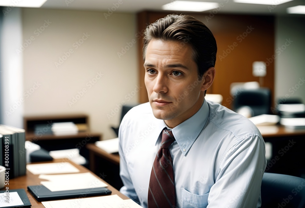 Young professional businessman, working at an office desk.
