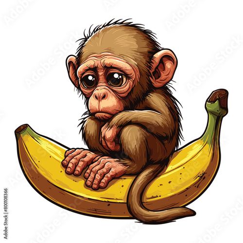 An innocent faced old monkey sitting gloomily on a large banana vector illustration