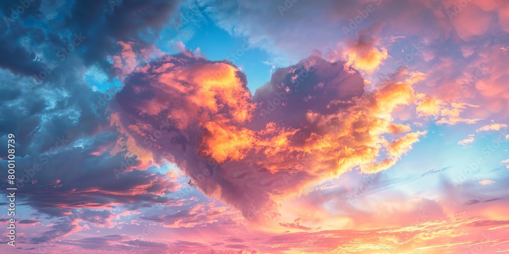 Beautiful Fluffy Clouds the Shape of a Love Heart. Romantic Valentineâ€™s Day Background with Pink Sky.