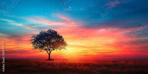 Solitary tree silhouette against a vivid sunset sky