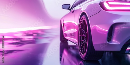 Close-up of a futuristic pink car with neon lights on an abstract background