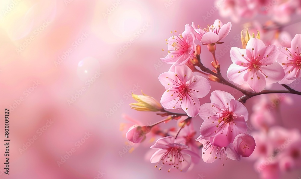 Horizontal banner with sakura flowers of pink color on sunny backdrop. Beautiful nature spring background with a branch of blooming sakura. Sakura blossoming season in Japan