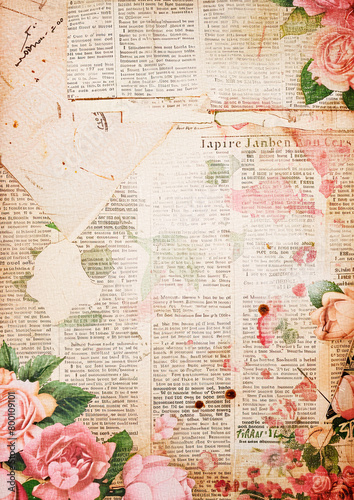 antique vintage old retro paper with vintage flowers bouquet watercolor and pieces of newspaper with old paper background