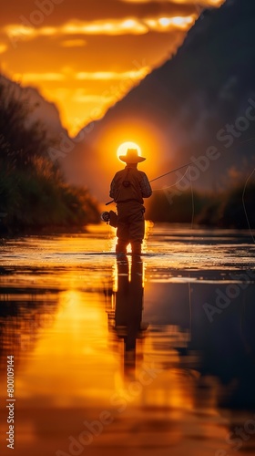 Fly fisherman fishing on river at sunset