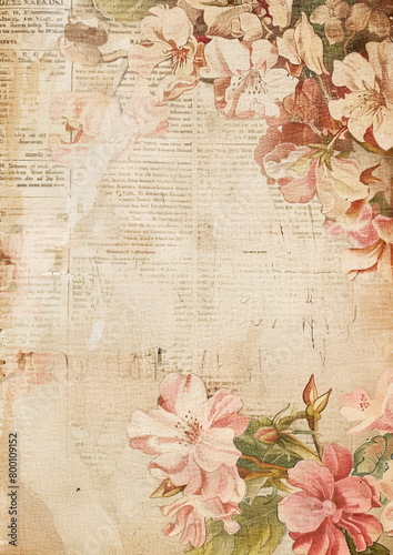 antique vintage old retro paper with vintage flowers bouquet watercolor and pieces of newspaper with old paper background