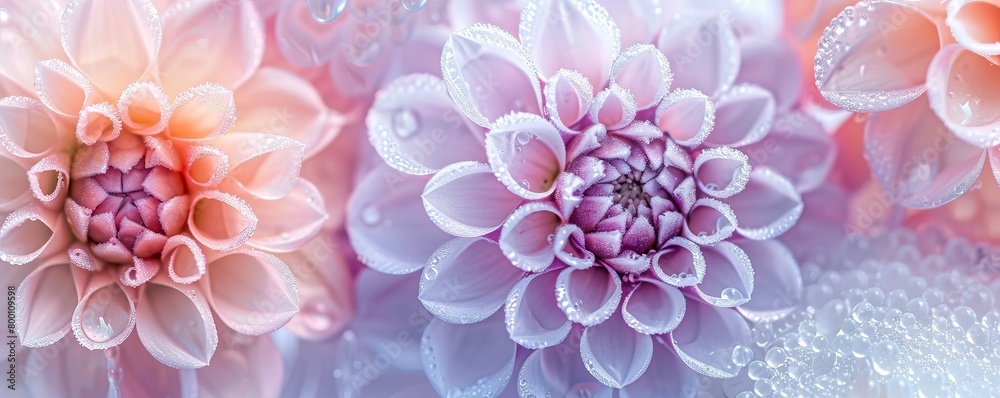 abstract close up of white and purple dahlia flowers frozen in ice abstract close up of white and purple dahlia flowers frozen in ice