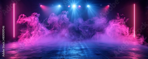 The dark stage shows  empty dark blue  purple  pink background  neon light  spotlights  The asphalt floor and studio room with smoke float up the interior texture for display products