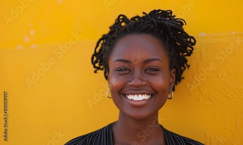 Cheerful black woman over yellow background