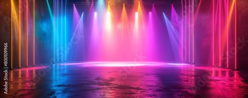 Abstract background with neon lights of various colors on stage