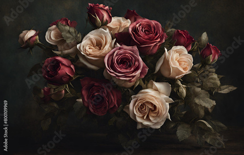 A bouquet of roses in the dark, A bouquet of roses and roses in a dark room.