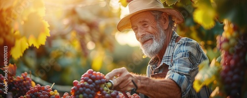 Man harvesting grapes with tool in farm photo