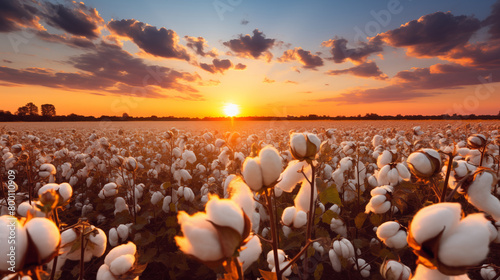 cotton field at sunset, warm golden hour light 