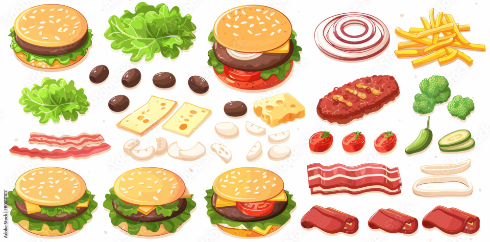 a bunch of different types of food on a white background