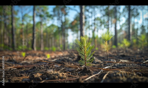 A seedling longleaf pine grows in a clearing among a managed longleaf pine forest in Francis Marion National Forest  South Carolina