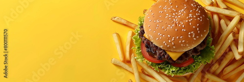 Big hamburger and fries isolated on a yellow background. Panorama banner, copy space