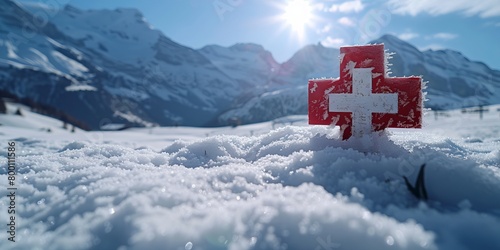 white cross on red swiss flag in the snowy mountains photo