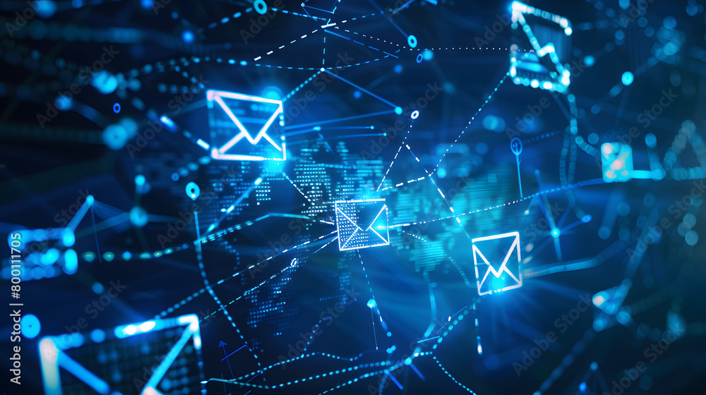 Glowing email icons on blue background.Futuristic Digital Data Network: A Visualization of Interconnected Information Glowing email icons on blue background.Futuristic Digital Data Network: A Visualization of Interconnected Information
