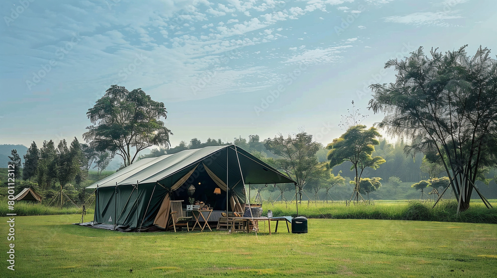 Camping tent on lawn, grassland background, simple composition. Wide and clean skies, authentic photography