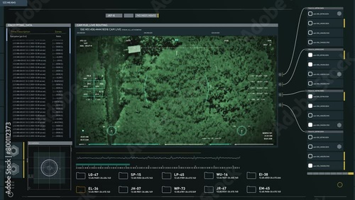 Futuristic weapon radar is searching for the enemy during army operation. Army identifies the target for a weapon attack operation. Rocket weapon destroys enemy tank in the army operation photo