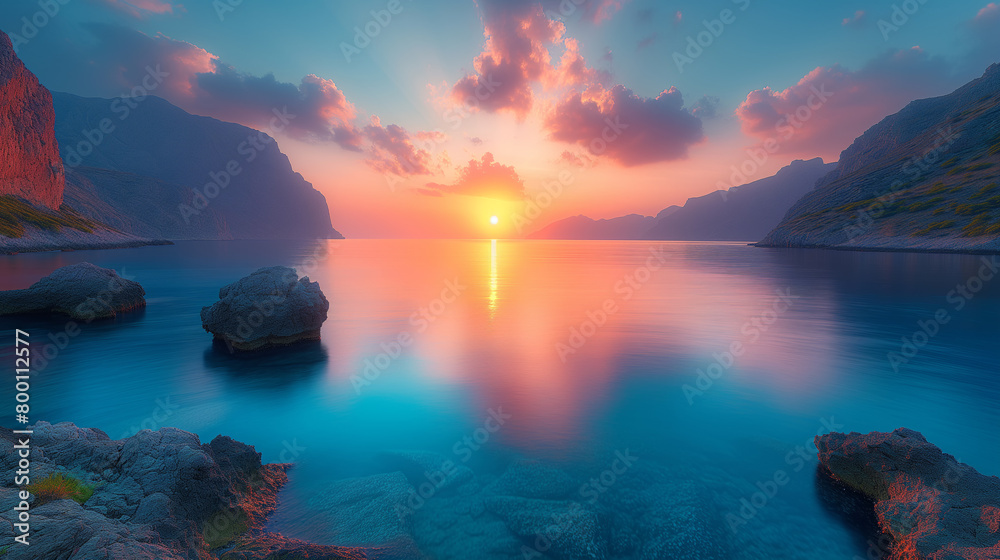 Stunning landscape showcases a sunset sky casting its glow over mountains adjacent to the ocean. With long exposures capturing the essence, the water appears smooth, vibrant colors saturate landscape
