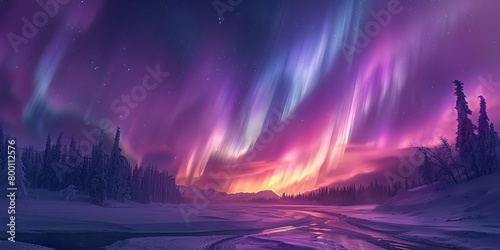 Purple Aurora Lights over Snow covered Landscape. Majestic Northern Lights Wallpaper with copy-space