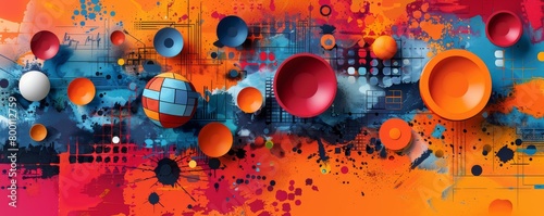 Vibrant abstract art with colorful spheres, dynamic splatters and geometric patterns.